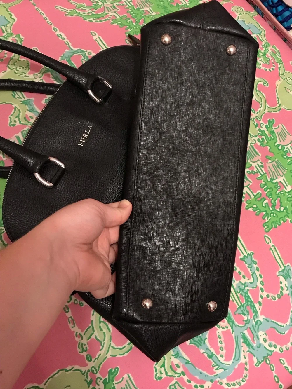 Furla black saffiano leather satchel handbag